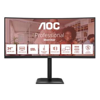 AOC LCD CU34E4CV 34" zakřivený VA/3440x1440@120Hz/4ms/350cd/2xHDMI/DP/4xUSB/2xUSB-C/RJ45/Repro/HAS/VESA