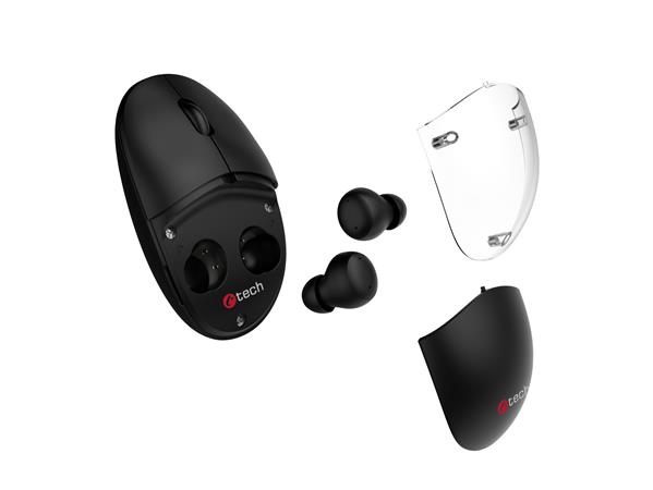 C-TECH Myš s TWS sluchátky WLM-21 Dual mode, bezdrátová, BT5.0 + 2,4GHz, 1600DPI, 3 tlačítka, USB nano receiver, černá