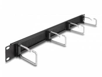 Delock 19” Panel s kartáčovým proužkem na správu kabelů, se čtyřmi kovovými háky, 1U, černý