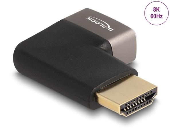 Delock Adaptér HDMI, ze zástrčky na zásuvku, 90° zahnutá doprava 8K 60 Hz, šedá kovová