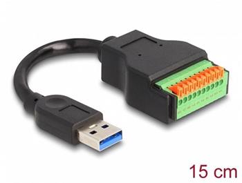 Delock Adaptér kabelu ze zástrčkového konektoru USB 3.2 Gen 1 Typu-A na svorkovnici, s tlačítkem, 15 cm