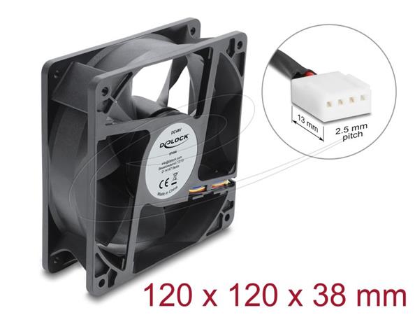 Delock Axiální ventilátor 48 V DC, 120 x 120 x 38 mm s 4 pinovým zásuvkovým konektorem ventilátoru PWM, černý