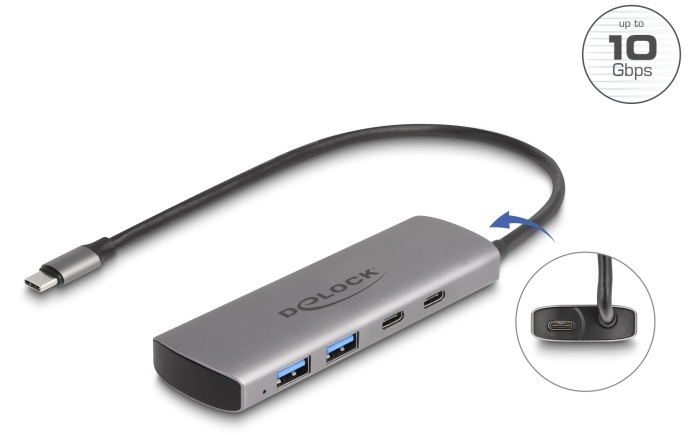 Delock Hub USB 10 Gbps se 2 porty USB Typ-A + 2 porty USB Type-C™ s konektorem USB Type-C™ a s dalším napájecím portem