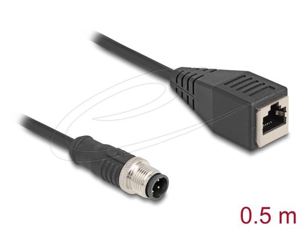 Delock Kabel M12, D-kódovaný, 4 pin, ze zástrčkového na RJ45 zásuvkový konektor, PVC, 0,5 m