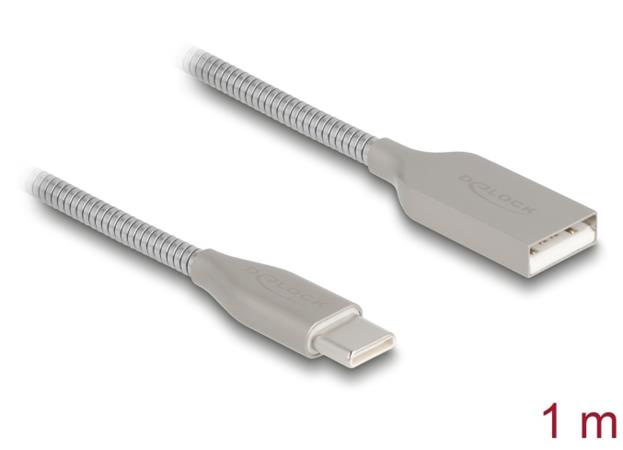 Delock Kabel USB 2.0 s kovovým opláštěním USB Typ-A samec na USB Type-C™ samec PD 3.0, 60 W, 1 m, stříbrný