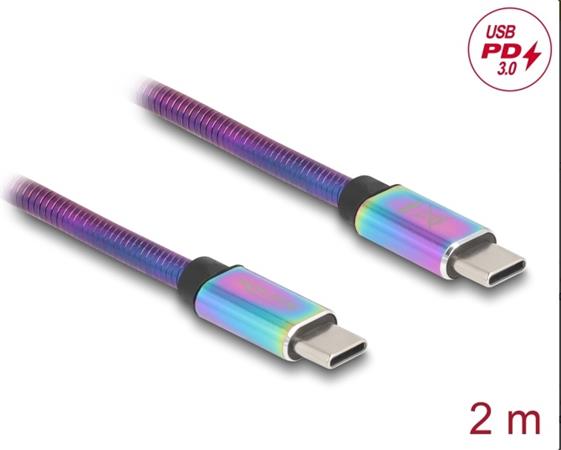 Delock Kabel USB 2.0 ze zástrčky USB Type-C™ na zástrčku, s duhovým kovovým pláštěm, PD 3.0, 60 W, 2 m