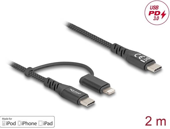 Delock Kabel USB 2 v 1, z rozhraní USB Type-C™ na USB Type-C™ / Lightning™, pro iPhone™ a iPad™, 2 m, MFi, 60 W