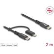 Delock Kabel USB 2 v 1, z rozhraní USB Type-C™ na USB Type-C™ / Lightning™, pro iPhone™ a iPad™, 2 m, MFi, 60 W