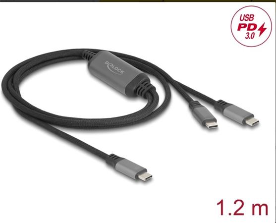 Delock Kabel USB-C™ ve tvaru Y, z 1 x zástrčky na 2 x zástrčky PD 3.0, 100 W inteligentní rozvod proudu, 1,2 m