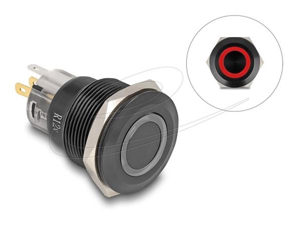 Delock Push Switch pro instalaci černý 22 mm 12 V 5 x pájené připojení LED červený kroužek