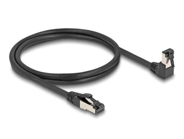 Delock Síťový kabel RJ45 Cat.8.1 S/FTP, zalomený dolů o 90° / přímý, 1 m, černý