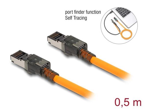 Delock Síťový kabel RJ45 s funkcí vyhledávání portů USB Type-C™, samosledovací, Cat.6A, S/FTP, 0,5 m, oranžový