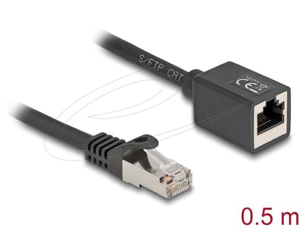Delock Síťový prodlužovací kabel ze zástrčky RJ45 na zásuvku RJ45, Cat.6A, S/FTP, 0,5 m, černý