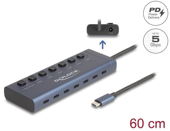 Delock USB 5 Gbps Hub se 7 porty USB Type-C™ se spínačem, z nichž 6 x datové porty a 1 x datový port s napájecím výkonem