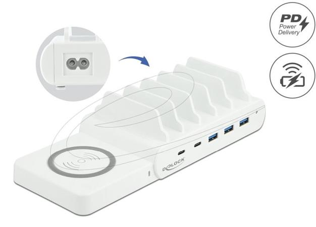 Delock USB nabíječka a bezdrátová nabíječka, 2 x USB Type-C™ PD a 3 x USB Typu-A na 110 W