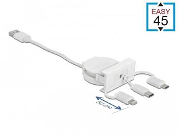 Delock Zatažitelný kabel modulu Easy 45 USB 2.0 typu 3 v 1 z USB Typu-A na USB-C™, Micro USB a Lightning, bílý