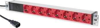 DIGITUS 1U Hliníkové PDU, do stojanu, C14->8x červený CEE 7/7 10A zástrčka, 250VAC 50/60 Hz