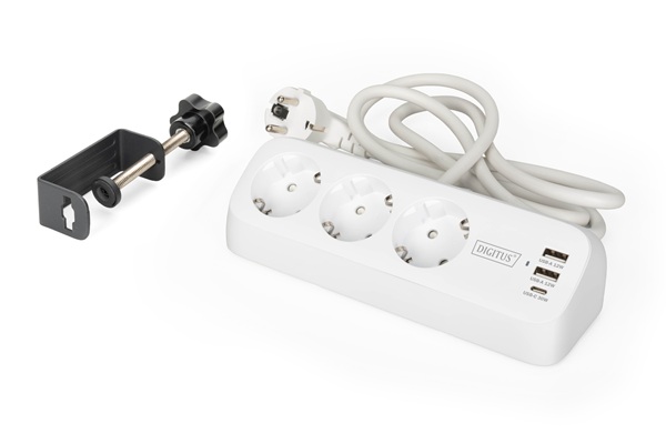 DIGITUS 3cestný kancelářský prodlužovací kabel s 2x USB-A a 1x USB-C porty, bílý