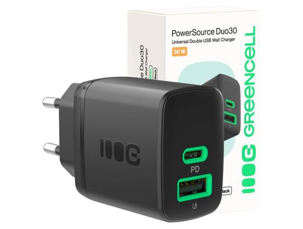 Green Cell PowerSource Duo30 Charger USB/USB-C Black Power Adapter 30W Power Delivery