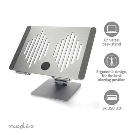Nedis NBSTND500SI - Stojan na Notebook| Napájení z USB | SD a micro SD, 1xUSB-C a 3x USB3.0 | 17 " | Skládací