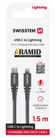 SWISSTEN DATOVÝ KABEL ARAMID REINFORCED USB-C / LIGHTNING 1,5 M ANTRACIT