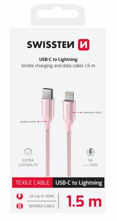 SWISSTEN DATOVÝ KABEL TEXTILE II USB-C / LIGHTNING 1,5 M RŮŽOVÝ