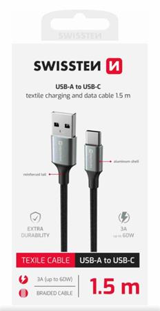 SWISSTEN DATOVÝ KABEL TEXTILE II USB / USB-C 1,5 M ČERNÝ